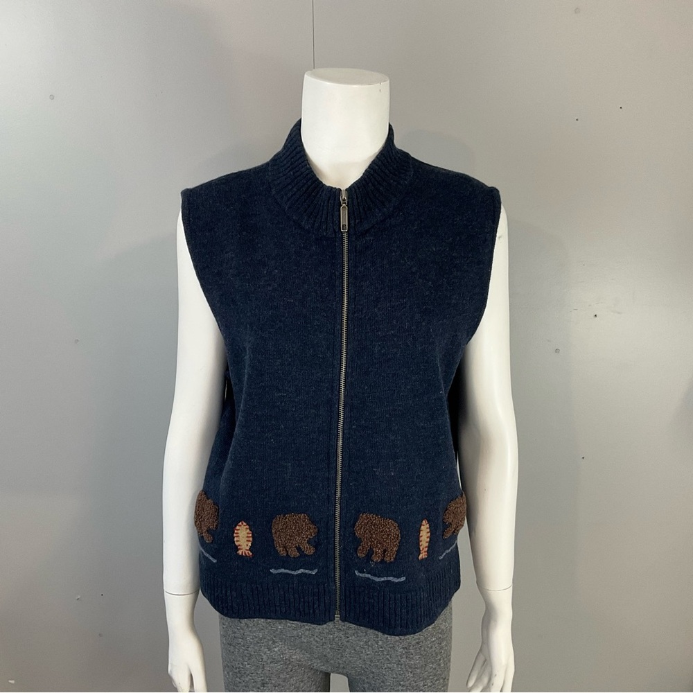 Woolrich Vest Large Full Zip Women's Lambswool Wool Bear Fish Knit Blue Sweater